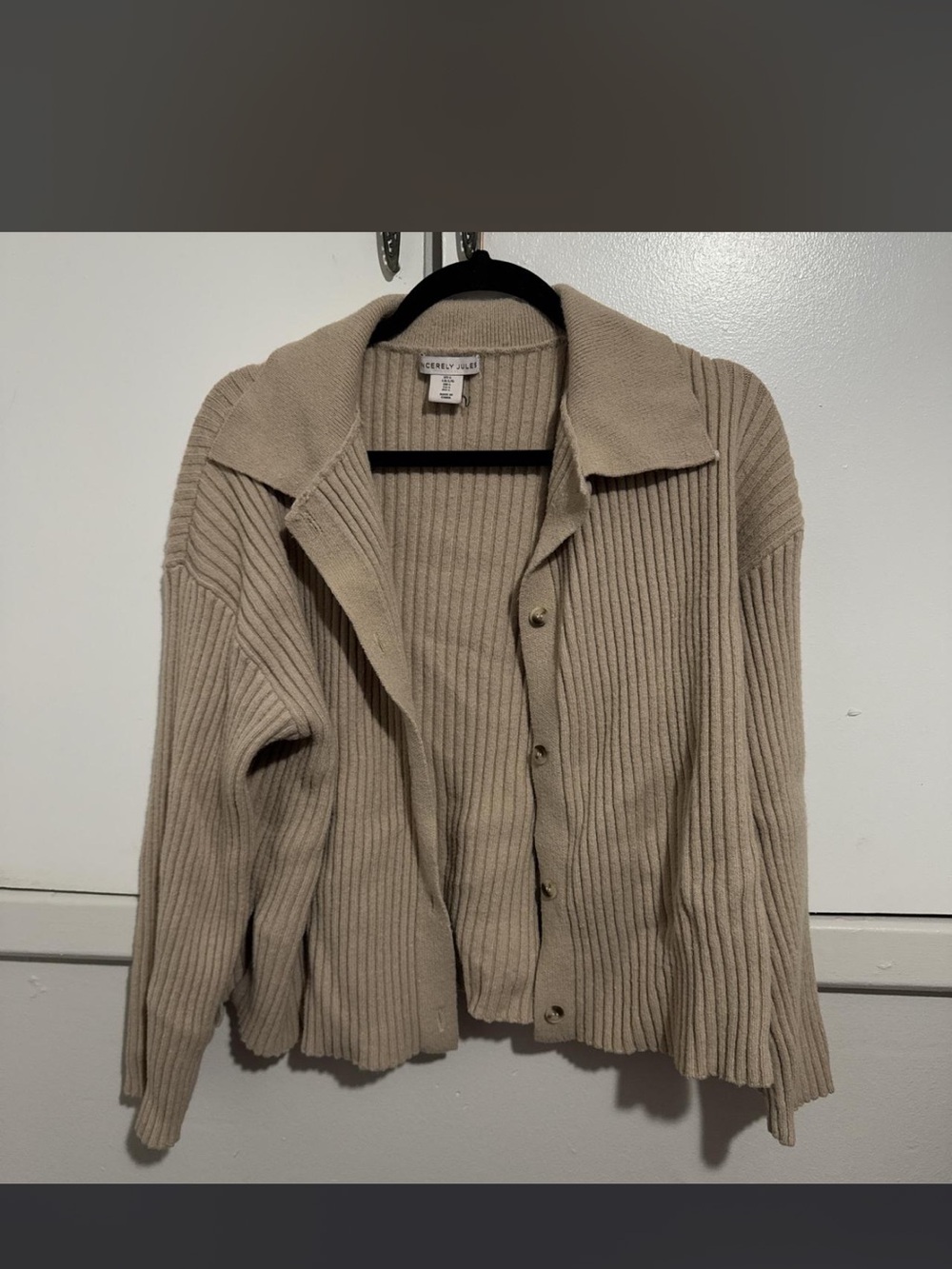 Sincerely Jules Ribbed Button-Up Cardigan in Beige